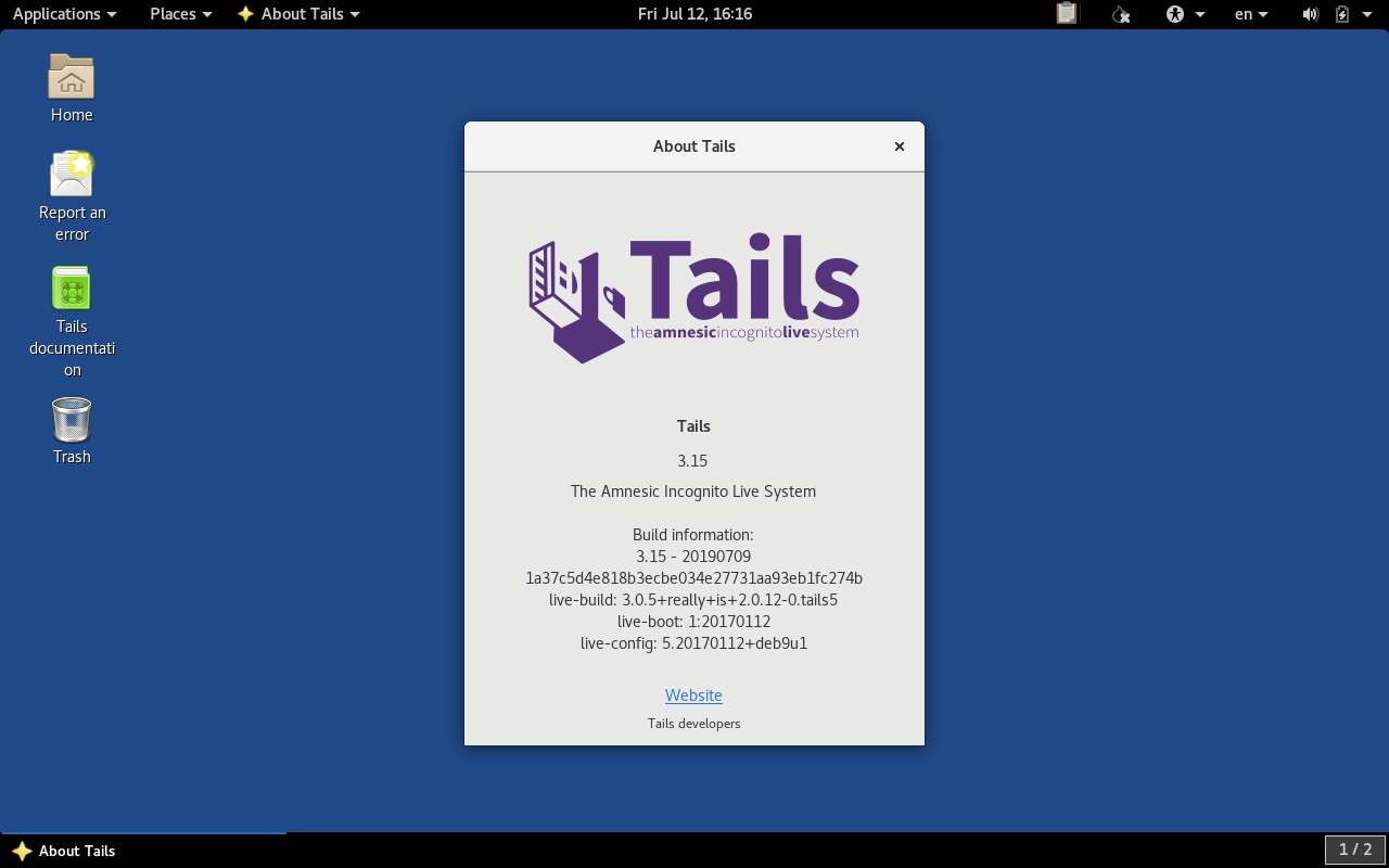 About Dialog in Tails 3.15